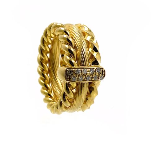18 kt geelgouden ring. combinatie van 3 verschillende ringen bijeengehouden door bruggetje van diamant - Juwelier Esfahan Rotterdam